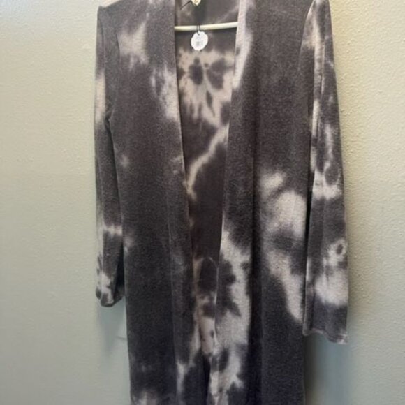 Crepas Gray & White Tie-Dye Open Front long Cardigan, long sleeves, pockets - Picture 4 of 10